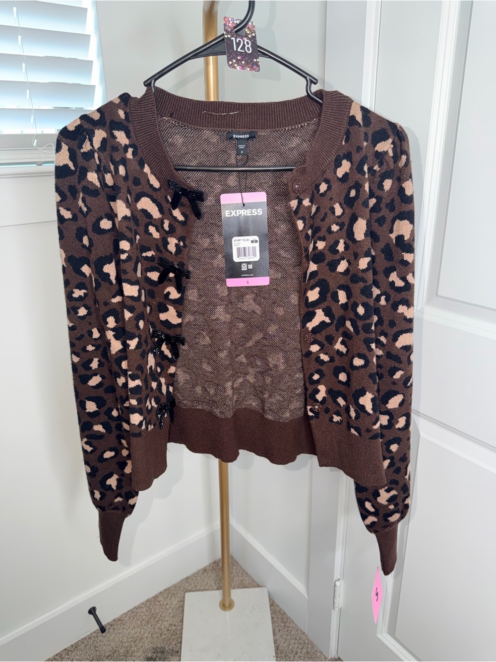 128. Express Brown & Black Leopard Print Cardigan FLAWED
